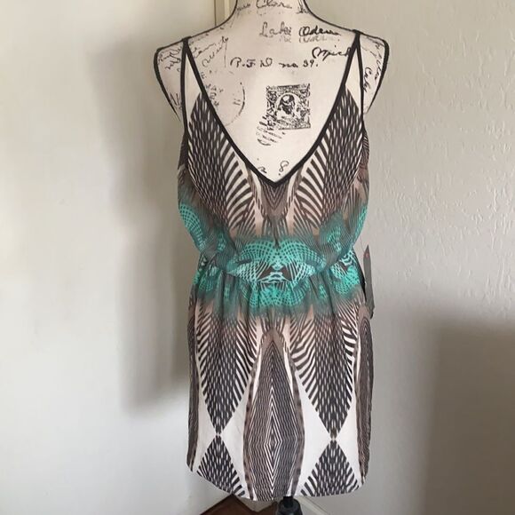 Bebe V-Neck Color Blocked Printed Dress Resort Cruise Boho Vacation Event - Picture 3 of 12